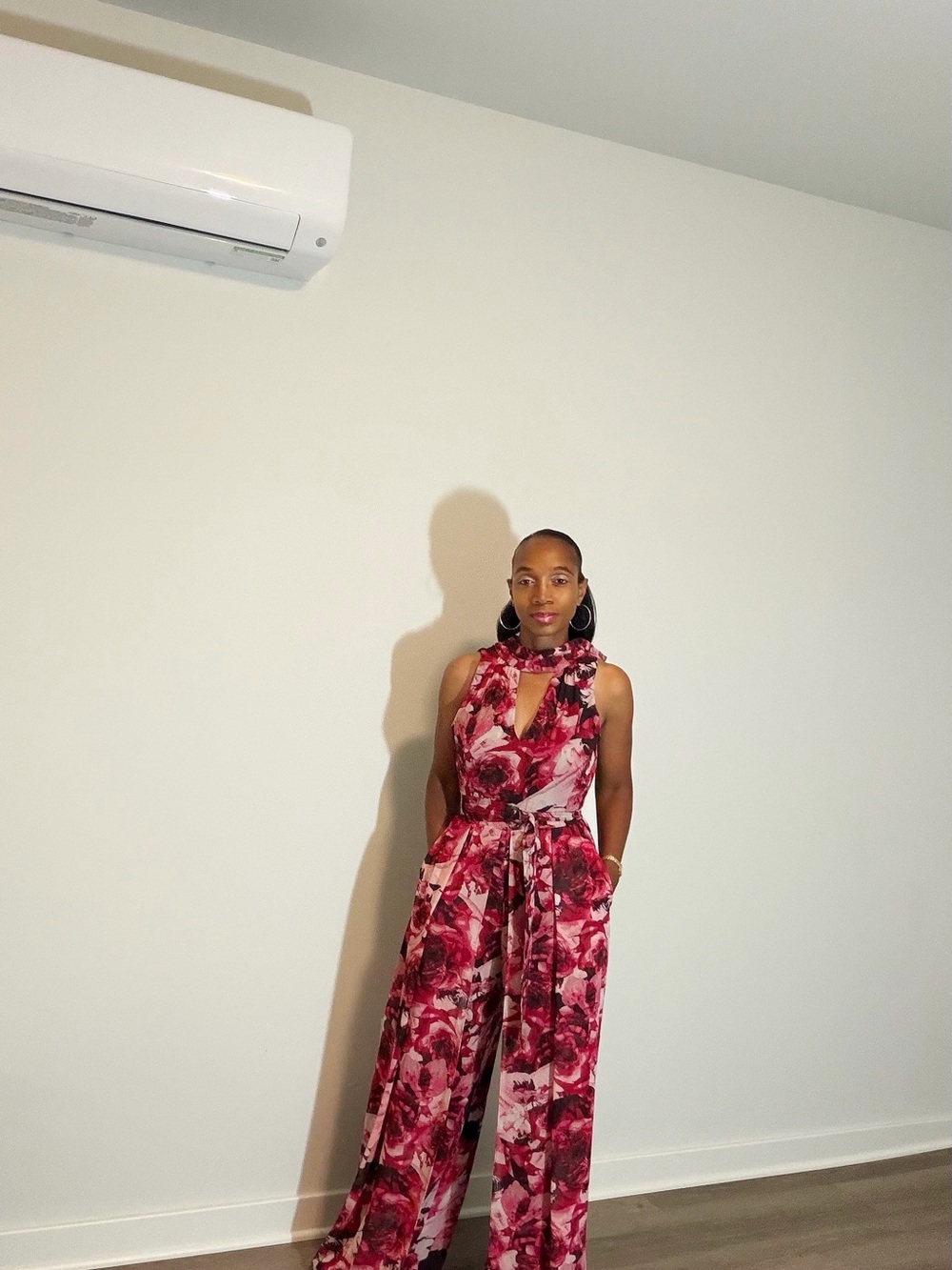 Ann Taylor Pink & Burgundy Floral Keyhole Jumpsuit
